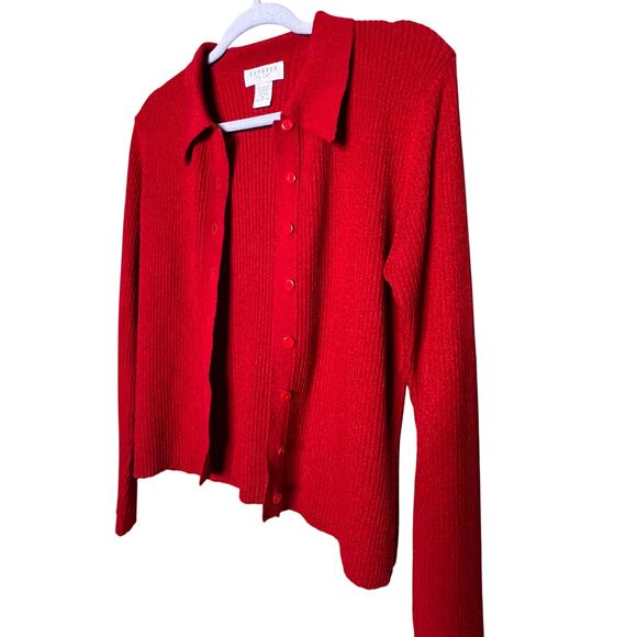 Vintage Red Express Tricot Ribbed, Collared, Button Front Cardigan, Sz M - Picture 3 of 4
